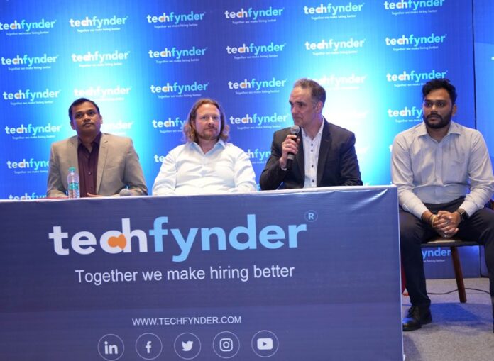 Mr Paul Guy (2nd from Right), Global Marketing Director, TechFynder; flanked by (L-R) Mr Madhu Govind, Country Head, TechFynder; Mr Brendan O Connor, Director, TechFynder; Mr Harsha, Branding Manager India, TechFynder; announcing techfynder’s foray into Hyderabad market and their expansion plans, at a press conference, today at Westin Hotel, Hitec City.