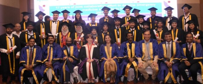 Dr Katherine Henderson (seated 4th from left), President, Royal College of Emergency Medicine, UK; Dr K Sangita Reddy (seated 5th from left), Joint Managing Director, Apollo Hospitals Group & Dr K Hari Prasad (seated 3rd from left), President – Apollo Group Hospitals, with the graduates who were conferred the prestigious Membership of College of Emergency Medicine certificate, jointly conducted by Apollo Hospitals & Royal College of Emergency Medicine, UK; at Sheraton Hyderabad, today.