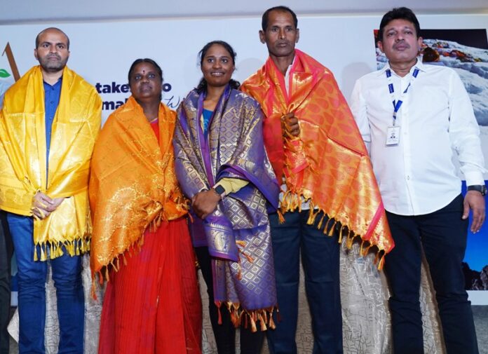 Telangana’s pride & ace mountaineer Anvitha Reddy Padamati, who scaled the mount Everest, flanked by (L-R) coach Shekhar Babu; mother Chandrakala Padamati; father Madhusudhan Reddy & Atchuta Rao Bopanna, Managing Director, Anvita Group; who sponsored her Everest expedition, at a press conference on her return to Hyderabad.