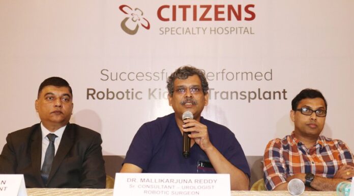 Dr Mallikarjuna Reddy, Senior Consultant, Urology, Citizens Specialty Hospital; briefing media about successfully performing of Robotic Assisted Kidney Transplant at Citizens Specialty Hospital, at a press conference today (L-R) as Dr Raza Ali Khan, Medical Services, American Oncology Institute & Dr. Seerapani Gopaluni, Consultant, Nephrologists, Citizens Specialty Hospital; look on.