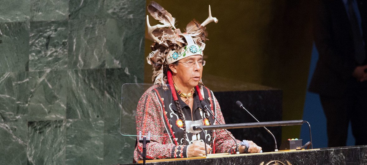 Tadodaho Sid Hill, Chief of the Onondaga Nation, delivers a ceremonial welcome to participants at the opening of the World Conference on Indigenous Peoples.